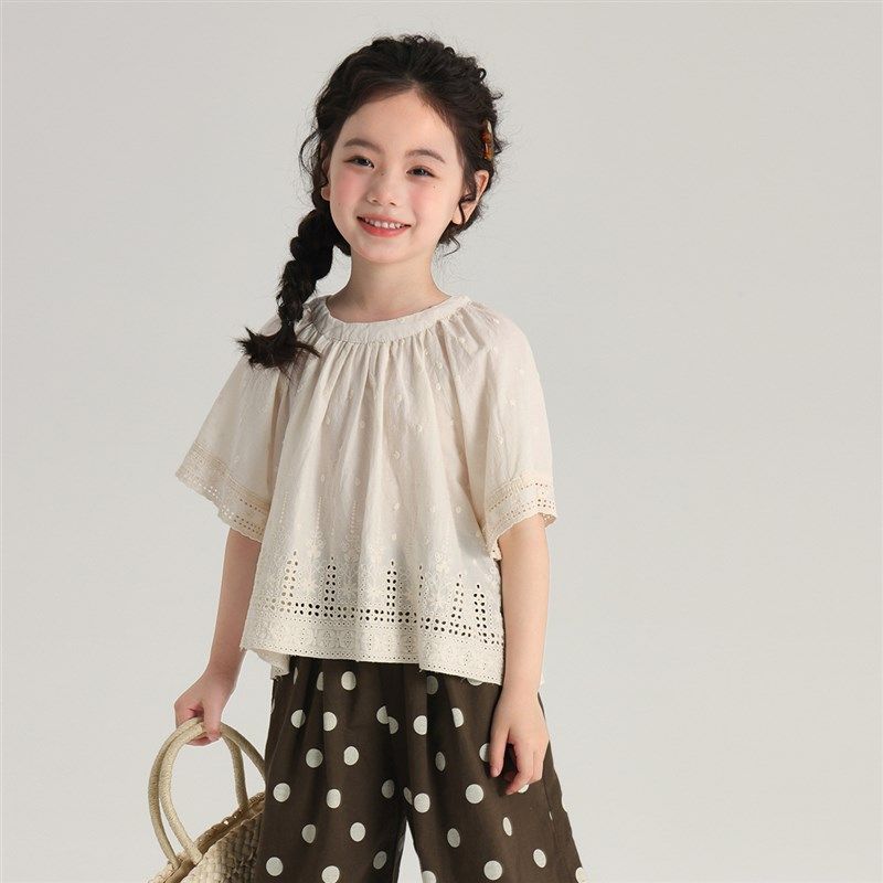 2024夏季上新儿童轻薄透气娃娃衫镂空下摆女童衬衫纯棉五分袖上衣