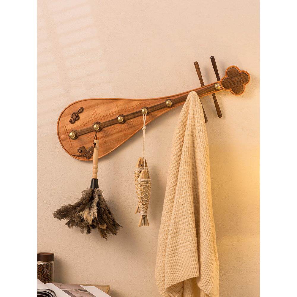 新中国风琵琶衣架墙挂入口门无冲孔入口胡桃木乐器黄铜挂钩