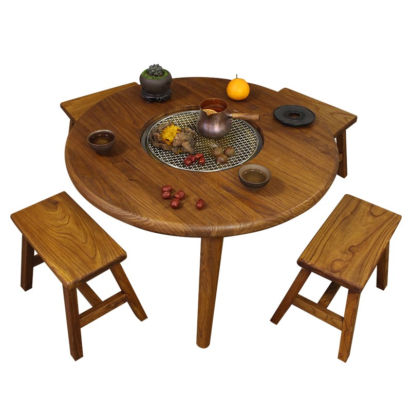 老榆木折叠围炉茶桌实木小圆桌新中式火锅桌阳台围炉炭火煮茶桌子