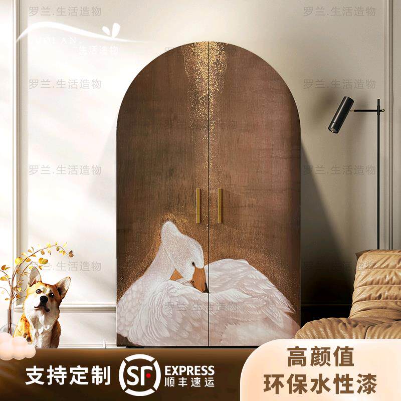 法式复古卧室衣柜鎏金梦幻天鹅家用实木双开门柜子客厅阳台收纳柜