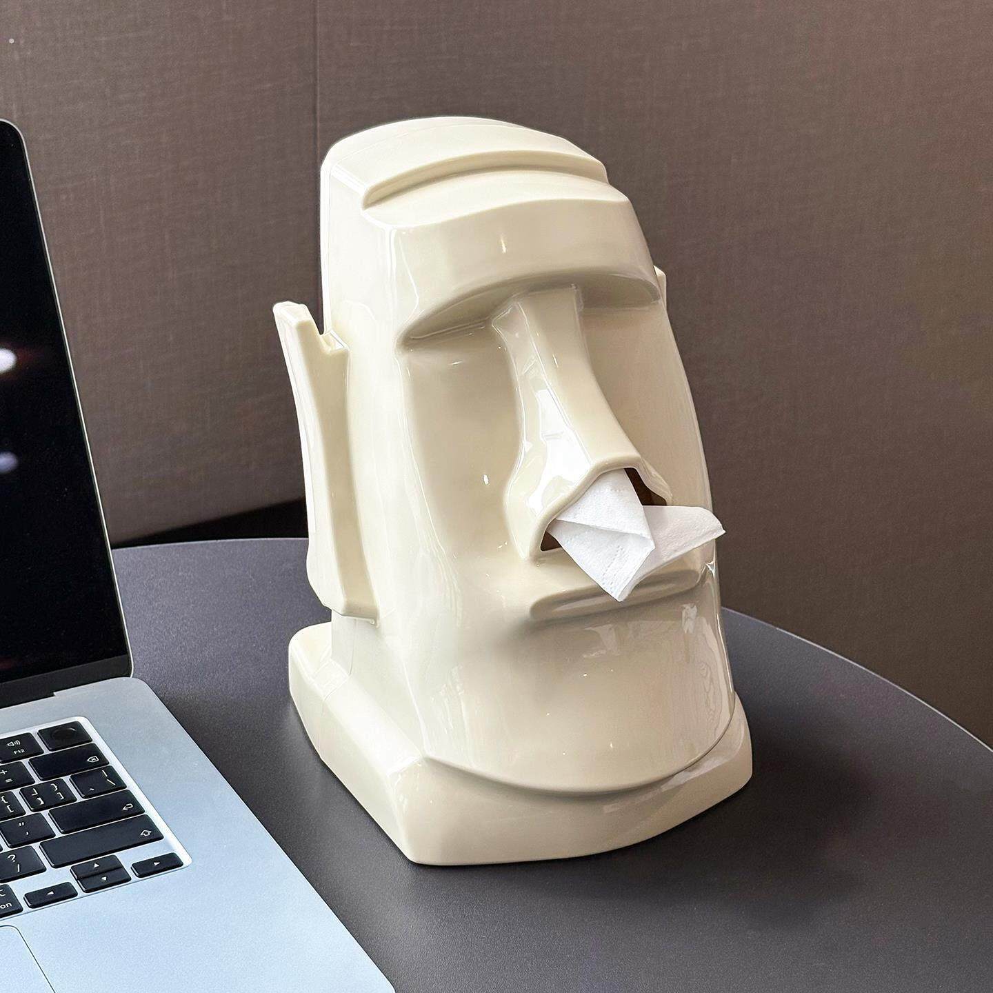 创意摩艾石像纸巾盒多功能客厅复古风摆件卧室耳机支架桌面抽纸盒