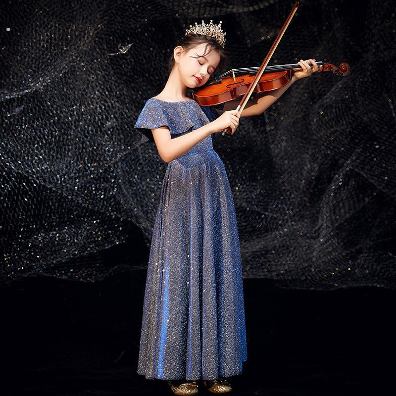 大童礼服小提琴表演优雅蓝色女童简约洋气钢琴考级亮片走秀演出服