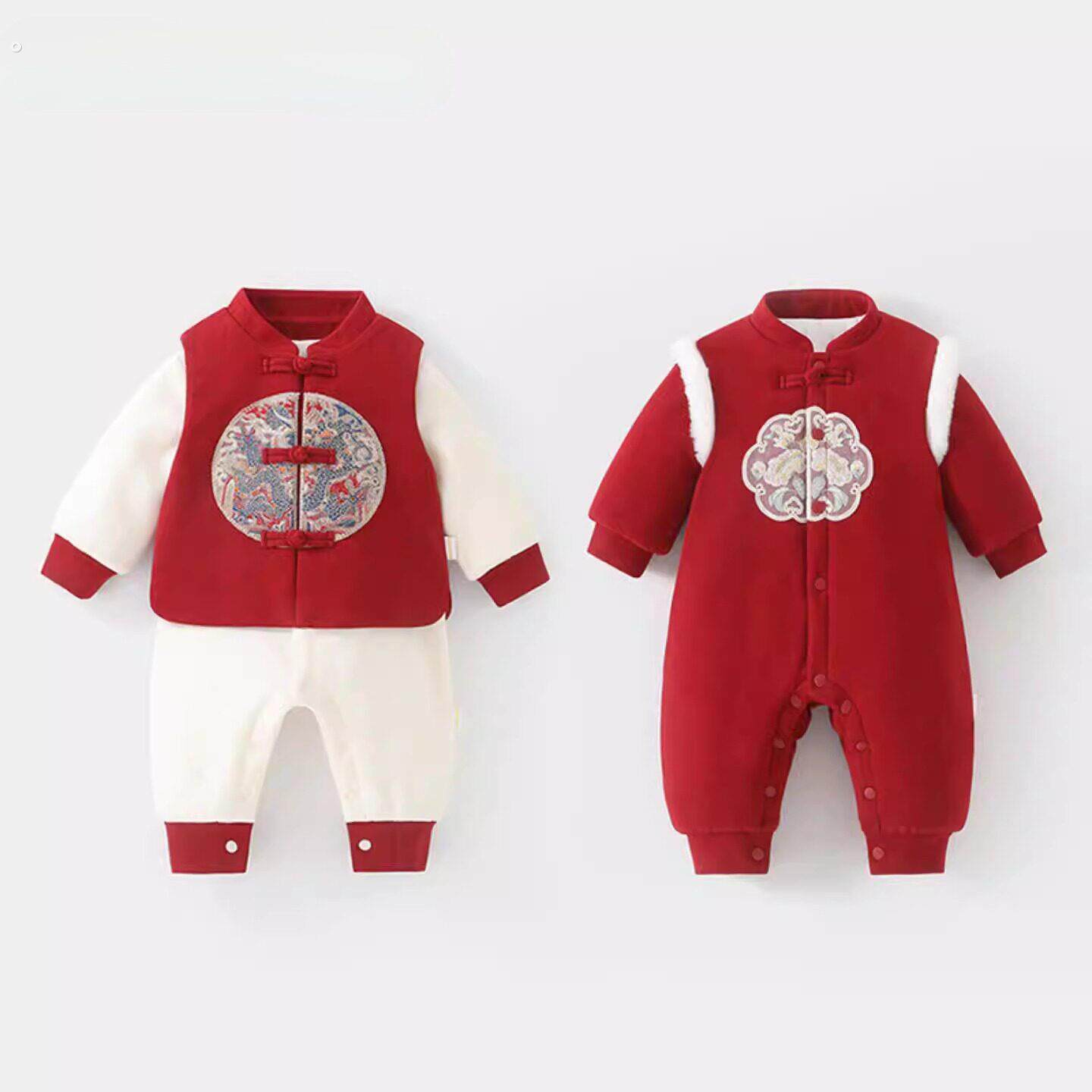 新中式喜庆男宝宝衣服冬季加厚少爷连体唐装婴儿百天周岁拜年礼服