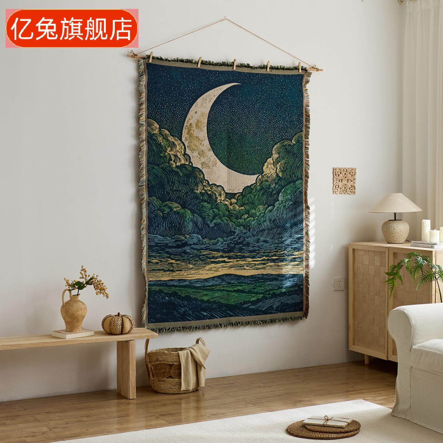 复古星月云景挂布艺术风布艺挂画