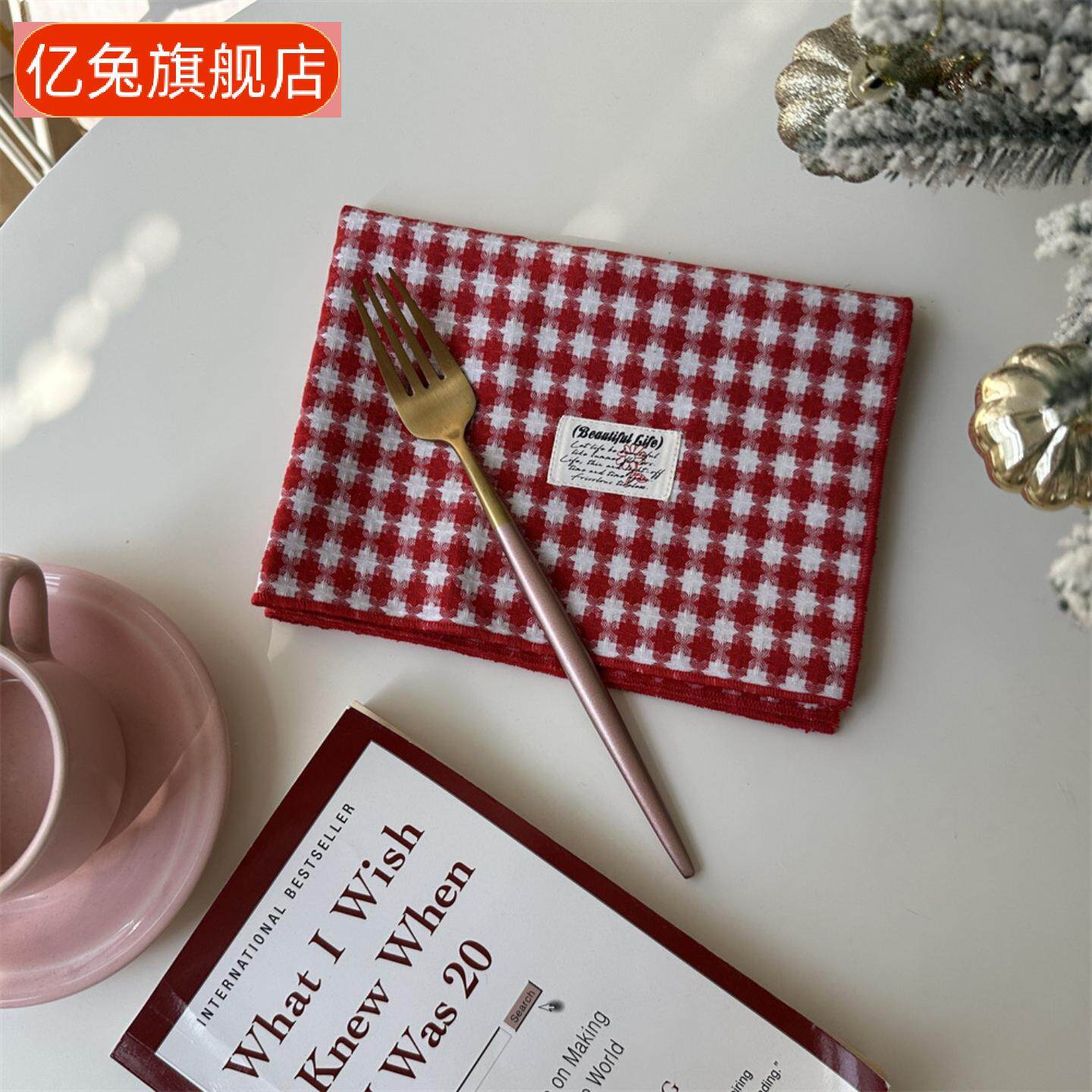 红色圣诞格子提花双面餐巾布艺