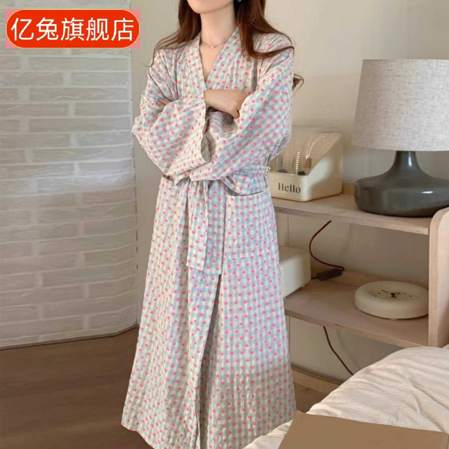 日系甜美爱心格子浴袍睡衣中长款