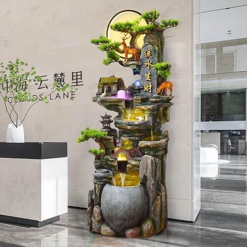 中式假山流水喷泉摆件客厅风水轮生财装饰高山循环水景落地加湿器