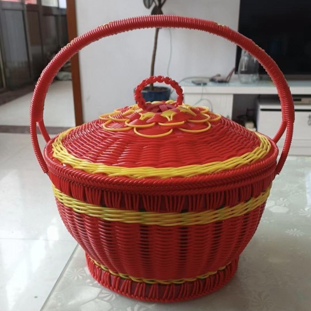 婚庆礼篮月子手工编织篮子手提袋盖红色手提蓝藤编织筐拜神篮收纳