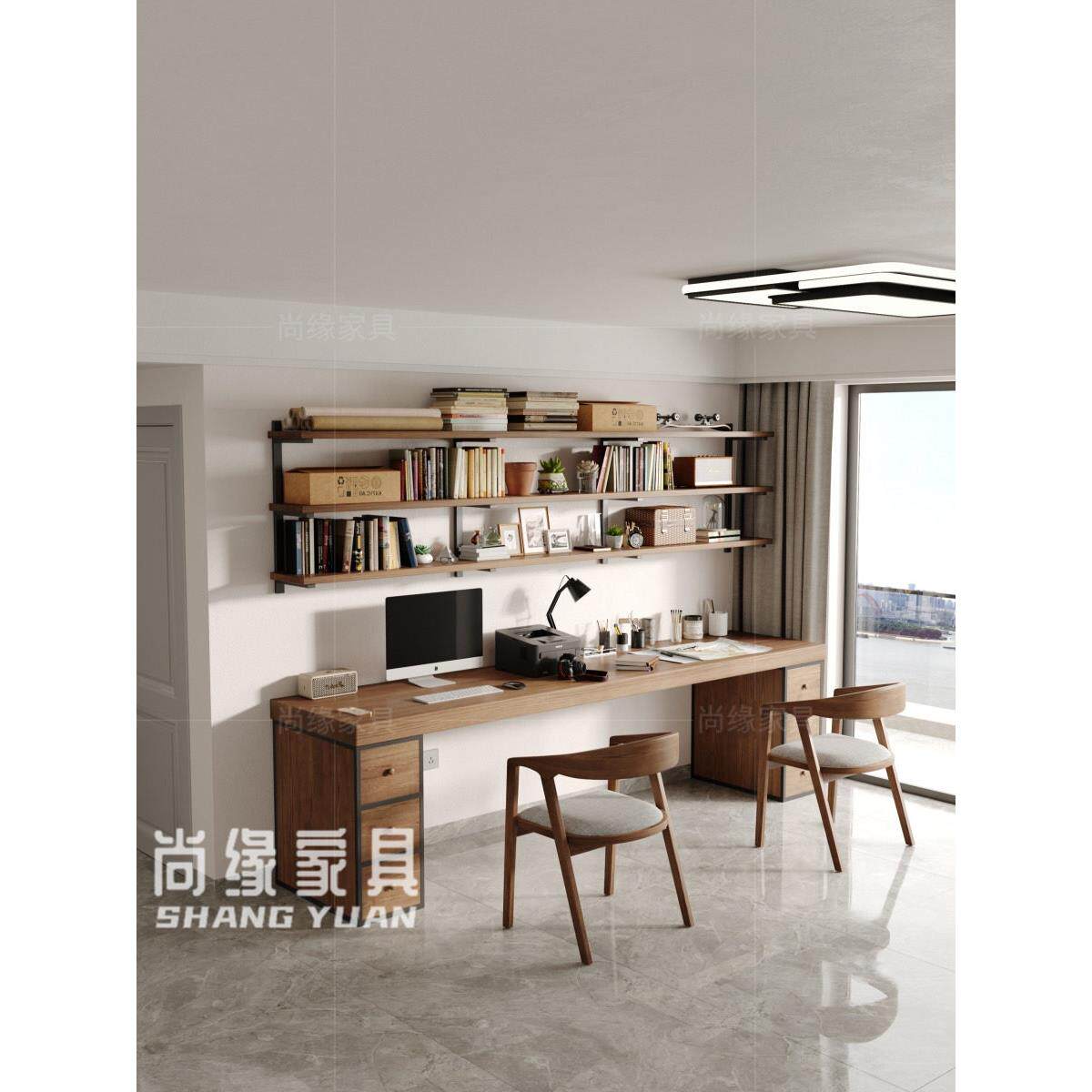 实木双桌书架集成阁楼长桌工作台家庭学习电脑桌与抽屉