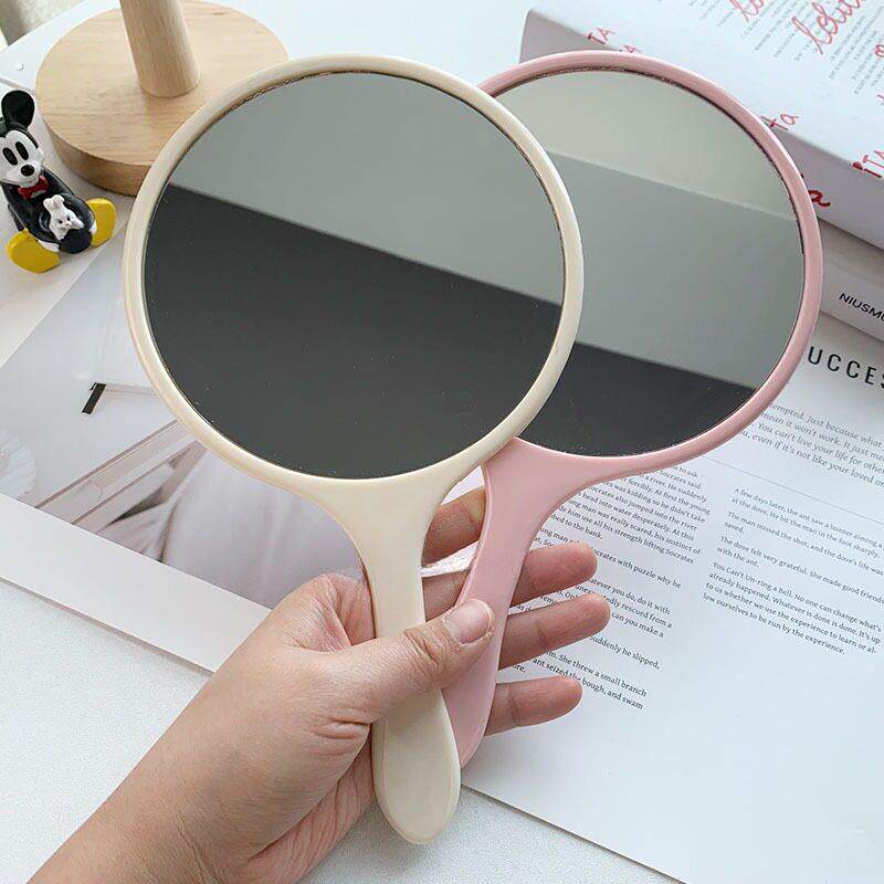 大号韩版简约粉色手柄镜便携梳妆镜圆形手持化妆镜美容院女生补妆