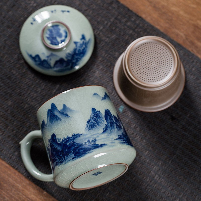 景德镇青花陶瓷泡茶茶杯茶水分离办公过滤带盖瓷杯子家用带把单杯