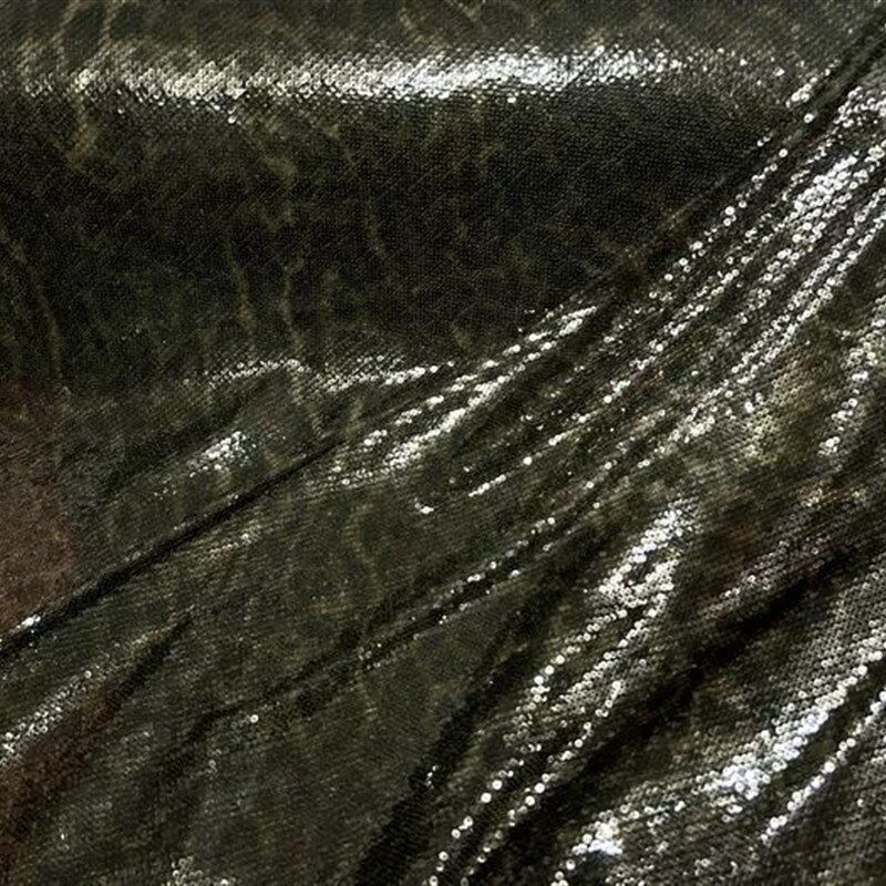 网纱面料 春夏个性 军绿色底深绿色豹纹印花整版亮片刺绣提花布料