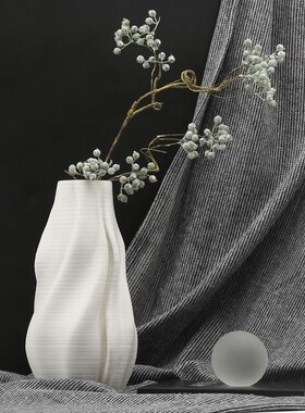 意式极简白色条纹3D打印陶瓷花瓶摆件客厅桌面插花样板间软装饰品