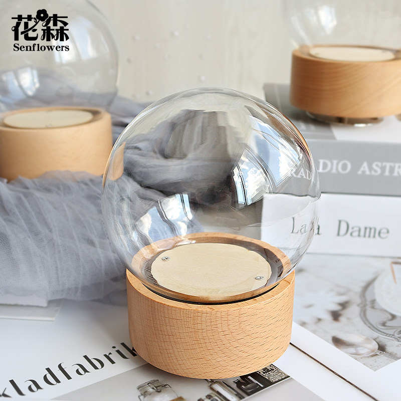 永生花球形实木榉木旋转八音盒器皿diy手工花盒玻璃罩音乐盒