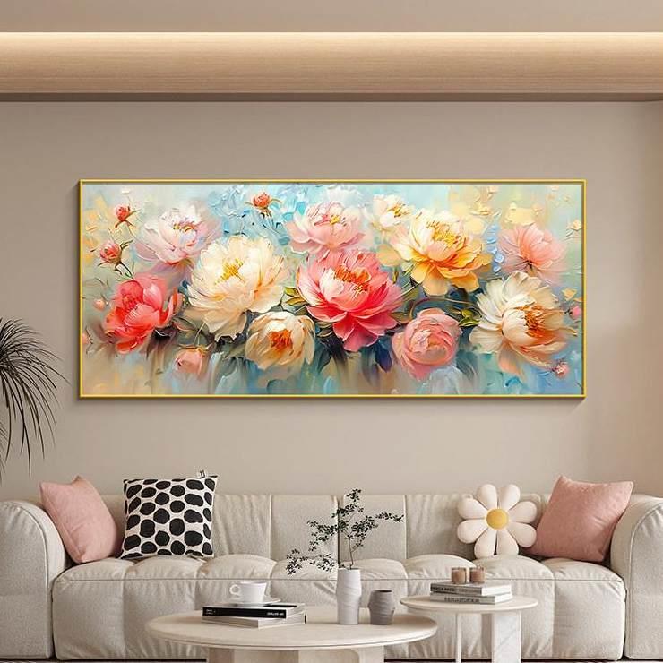 花团锦簇牡丹墙画客厅挂画花开富贵轻奢沙发背景墙装饰画横版壁画