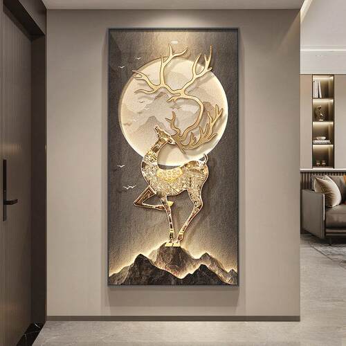 新中式玄关装饰画高级感麋鹿走廊过道挂画轻奢高档入户门发光壁画