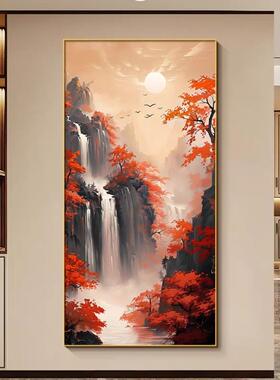 中式山水瀑布装饰画玄关挂画带灯晶瓷画有框金箔画芯