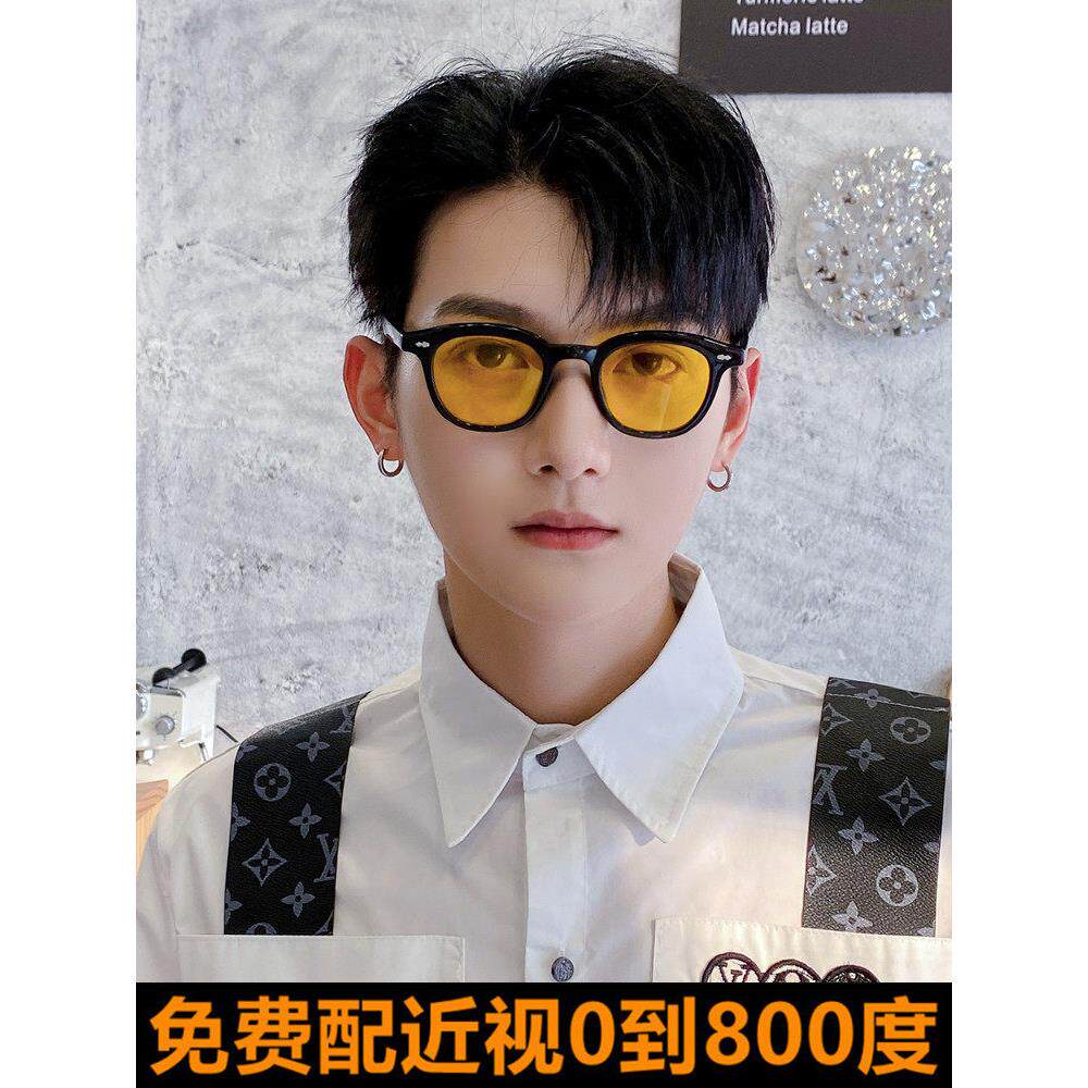 男士黄色近视太阳镜，女士新潮ins太阳镜，小圆框，小脸Hip-Hop眼