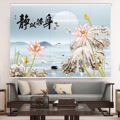 定制山水画卷帘办公室客厅卧室手拉式复古花鸟遮阳隔热升降窗帘画