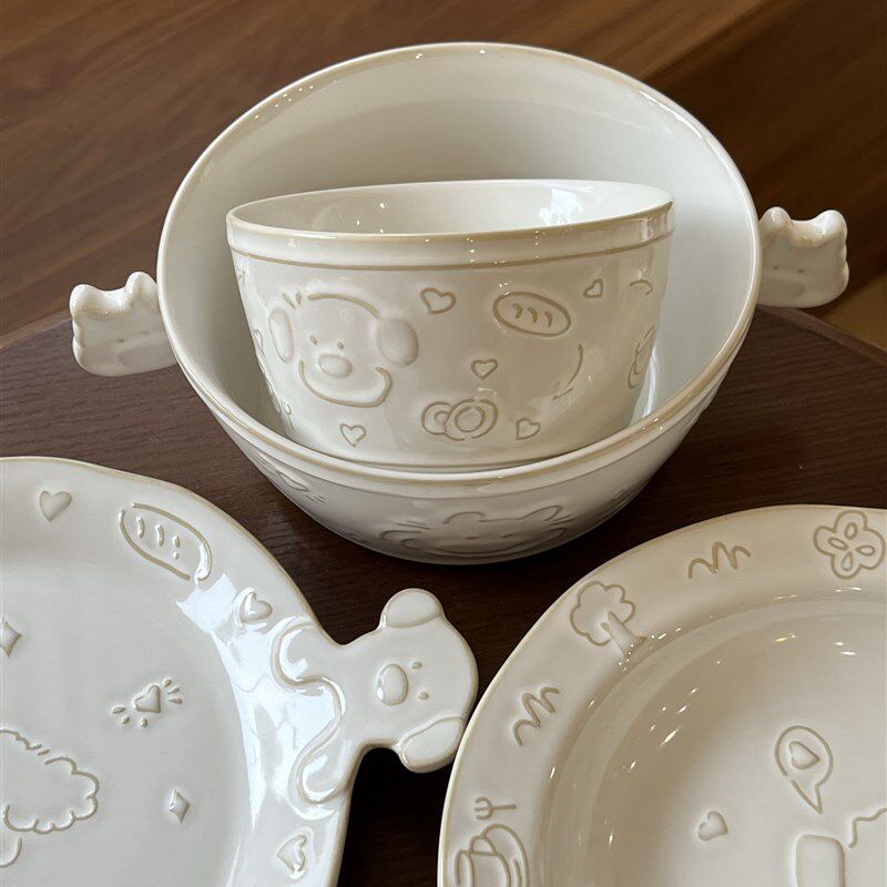 四时有梨 窑变小狗陶瓷双耳盘子防烫可爱碗碟组合家用餐具套装