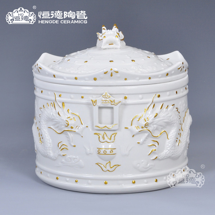 【恒德陶瓷】 陶瓷骨灰罐骨灰坛骨灰盅 寿盒 圆形 男款 龙 防潮