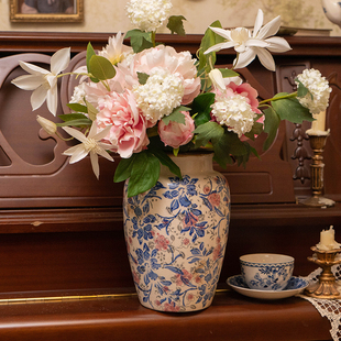 复古冰裂釉做旧粉蓝古典花纹陶瓷花瓶仿真花组合花束家居软装 饰