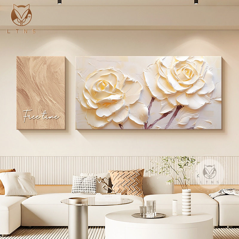 奶油风客厅装饰画抽象花卉沙发背景墙挂画高级感立体砂岩肌理壁画,家居饰品,现代装饰画,淘宝优惠券,粉丝福利购,淘宝优惠卷