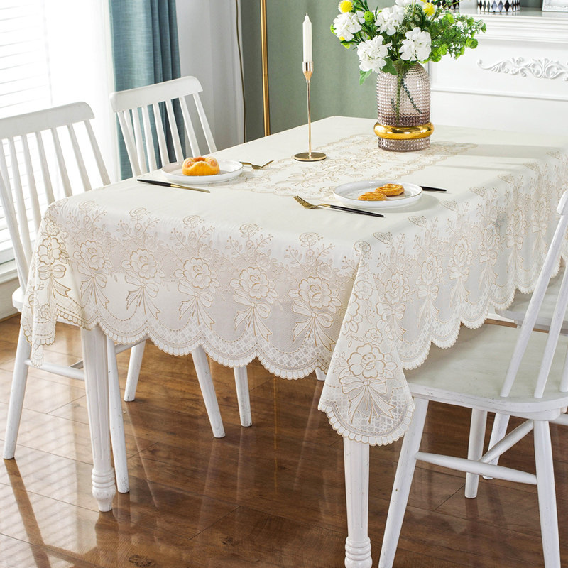 pvc桌布防水免洗长方形餐桌桌布法式蕾丝餐桌布乳白色家用台布