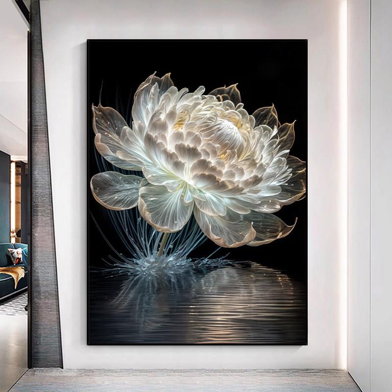 现代简约玄关挂画轻奢花开富贵客厅沙发黑白牡丹花朵莲花装饰画
