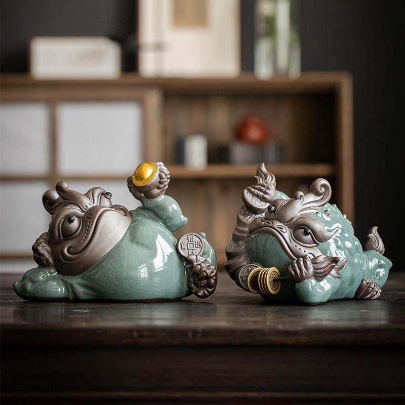 哥窑招财金蟾摆件茶宠精品可养大号紫砂旺财蟾蜍创意茶玩家居摆饰