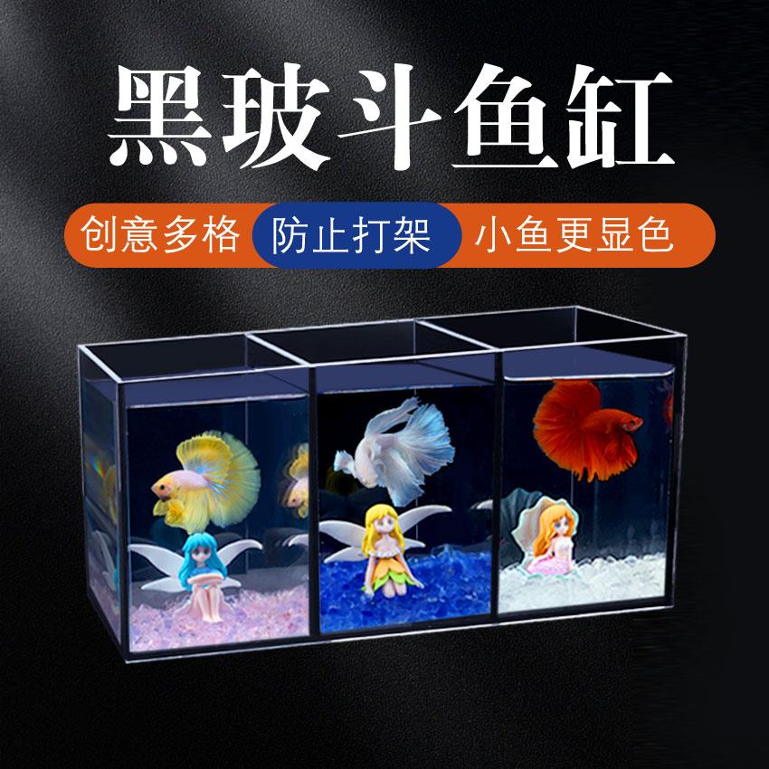 连缸桌面创意多格超白玻璃黑玻防打架小鱼发色更亮免换水斗鱼体缸