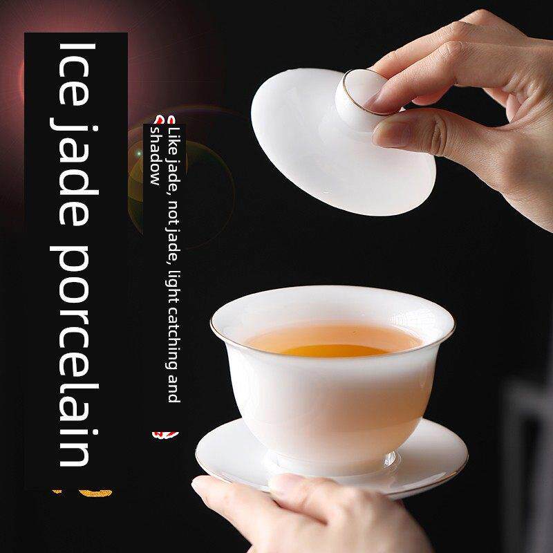 冰羊脂玉白瓷有盖碗单带盖茶碗三彩大茶杯德化陶瓷茶具