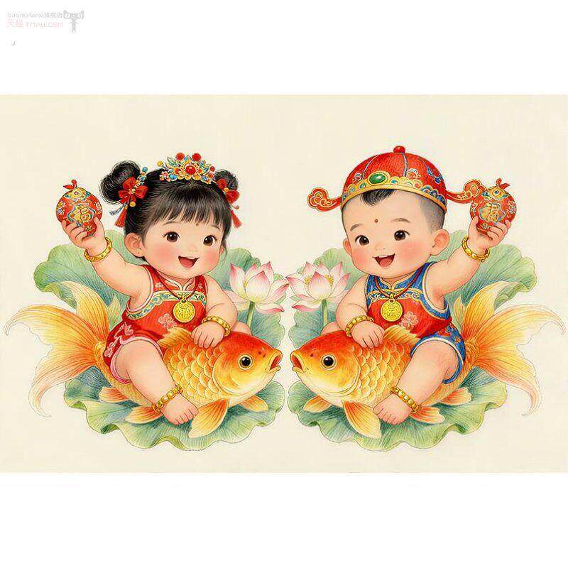 爆款莲子年画童子龙凤胎助孕宝宝画送子壁纸卧室送子喜庆娃娃贴画