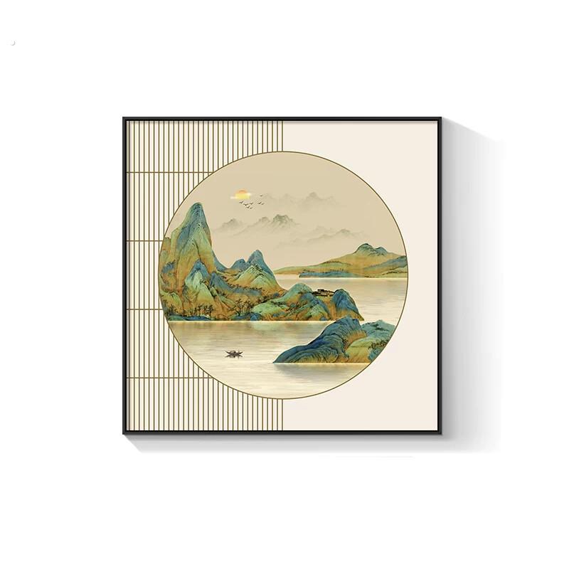 国画新中式玄关装饰画餐厅书房挂画斗方摆台山水画江山万里壁挂画