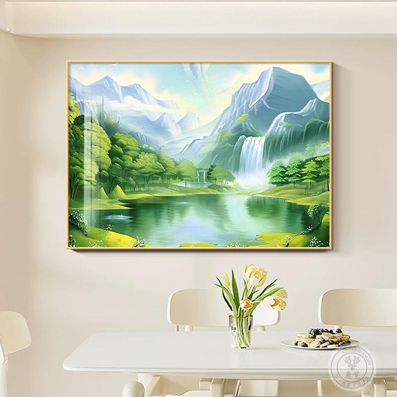 流水生财山水风景画餐厅饭厅背景墙装饰画旭日东升挂画聚宝盆壁画