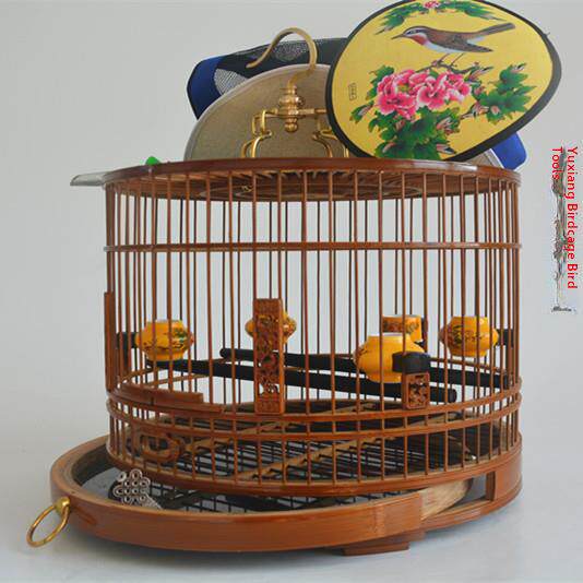 鸟笼,红靛蓝鸟笼,紫竹旧竹皮革,抛光精细绣花眼壳,玉鸟笼,带