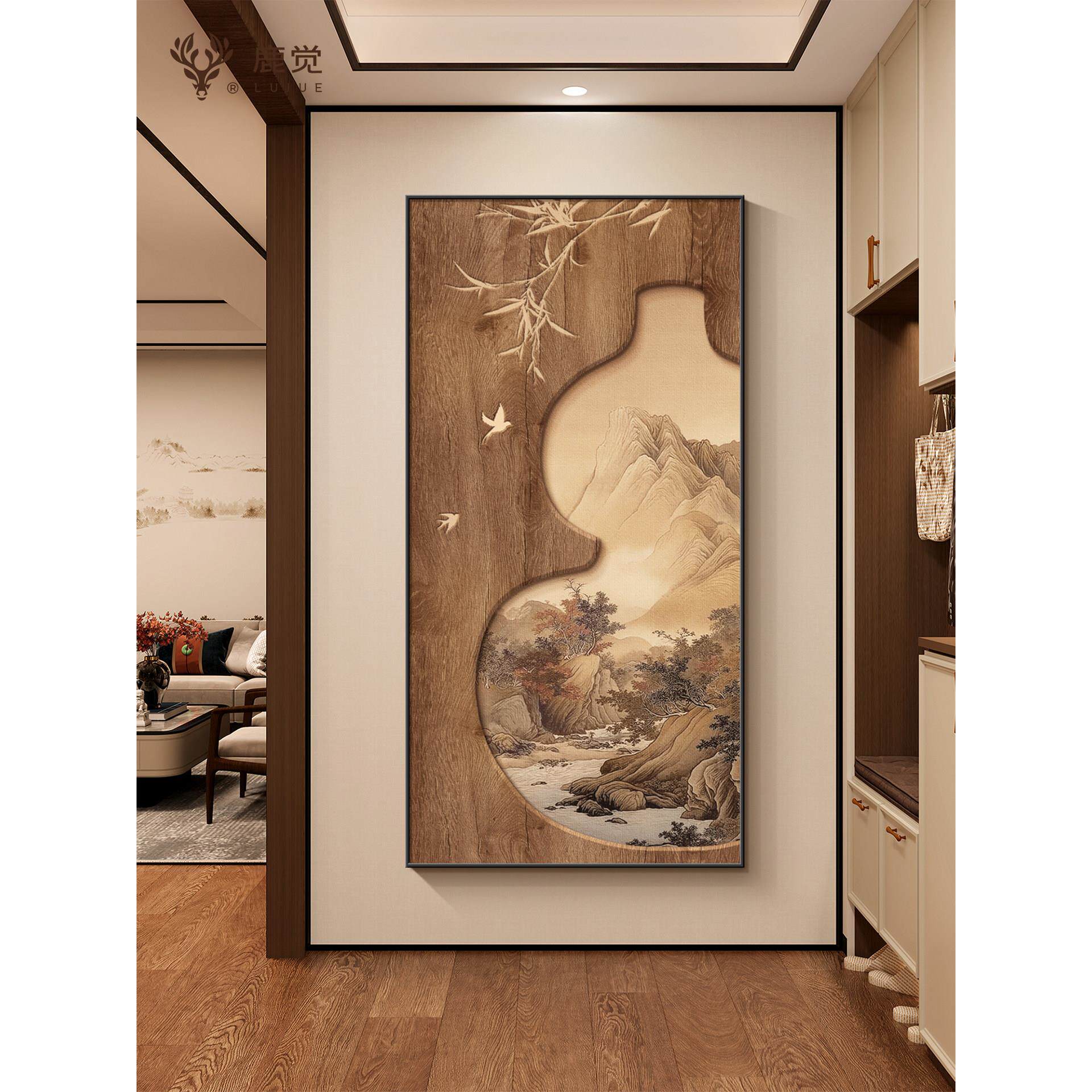 山水画靠山图玄关装饰画入户正对门中式客厅过道挂画竖版走廊壁画