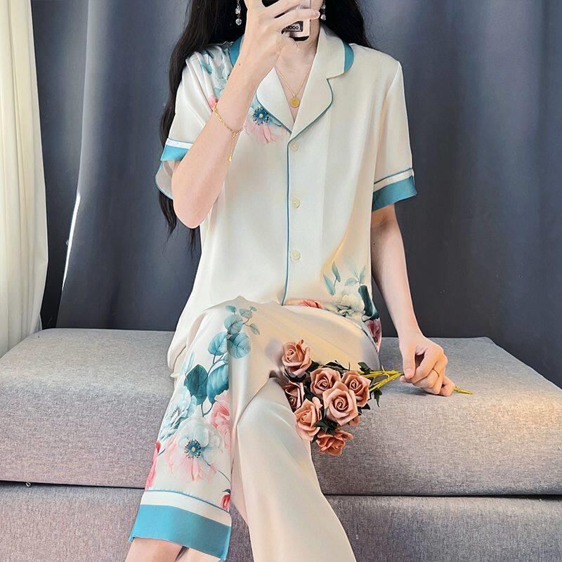 国风新中式睡衣女春夏季冰丝薄款2026新款短袖长裤套装丝绸家居服