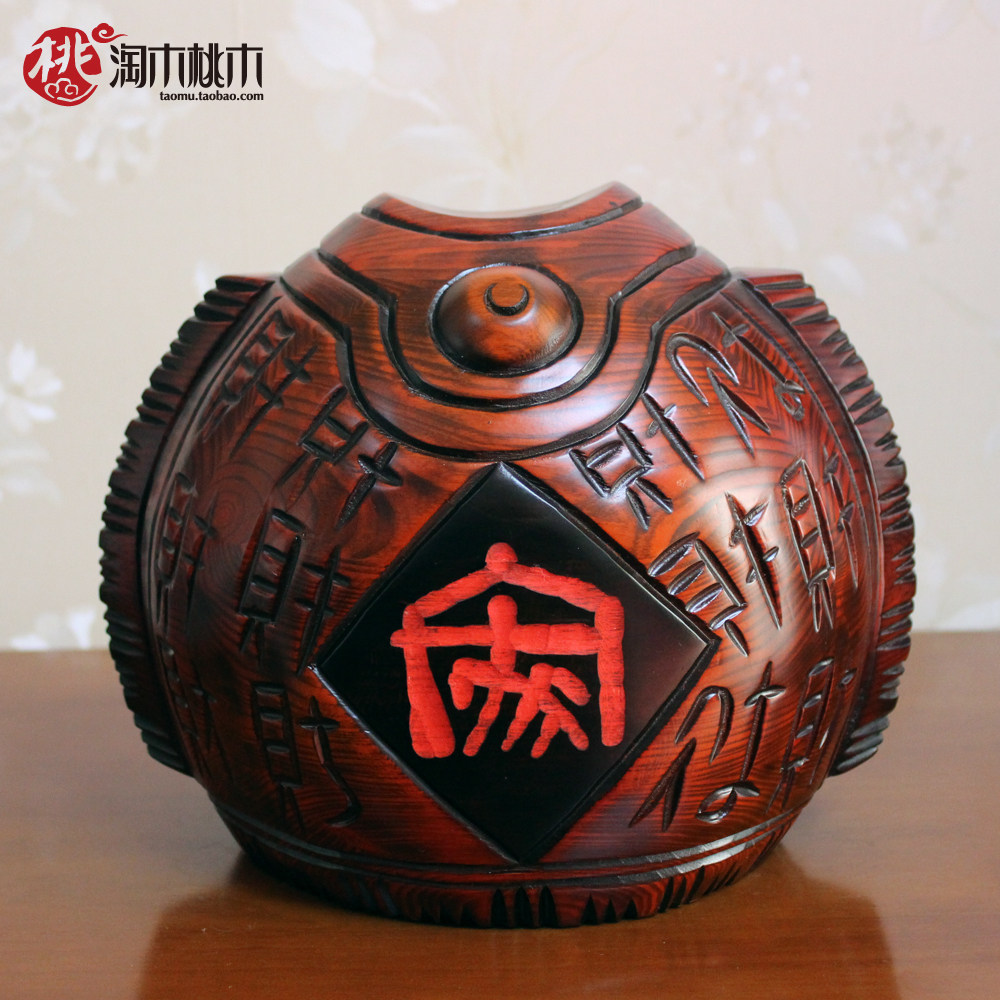 中式家居酒柜装饰品桃木鱼储蓄罐创意实木招财存钱罐桌面玄关摆件