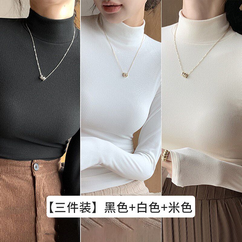 针织半高领打底衫女新款秋冬内搭黑白色秋衣洋气中领套头长袖上衣