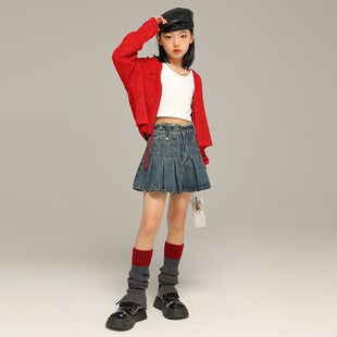 小女森女童春秋红色洋气开衫儿童针织镂空毛衣中大童外穿空调衫潮