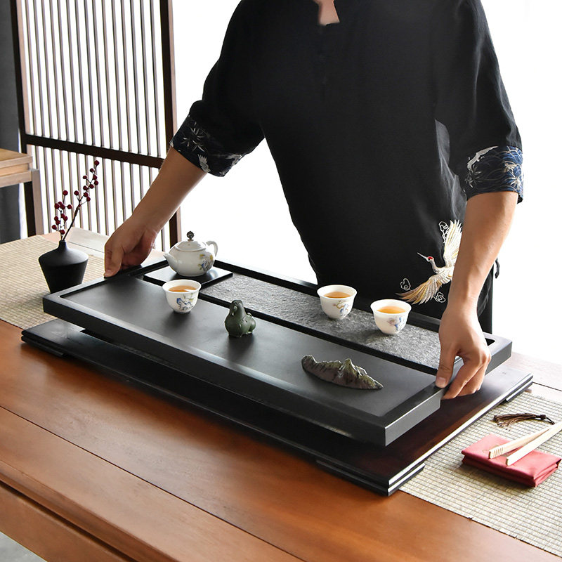 天然乌金石茶盘茶台石板家用整块茶海客厅高档一体石材带木脚