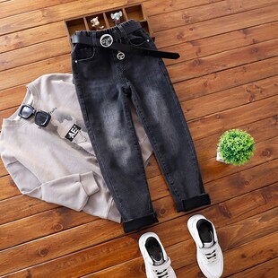 男童瘦版牛仔裤中大童秋款黑灰色修身长裤男孩裤子儿童牛仔小脚裤
