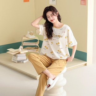 绮宇娜夏季女款睡衣家居服棉氨短袖长裤薄款甜美开衫睡觉穿针织棉