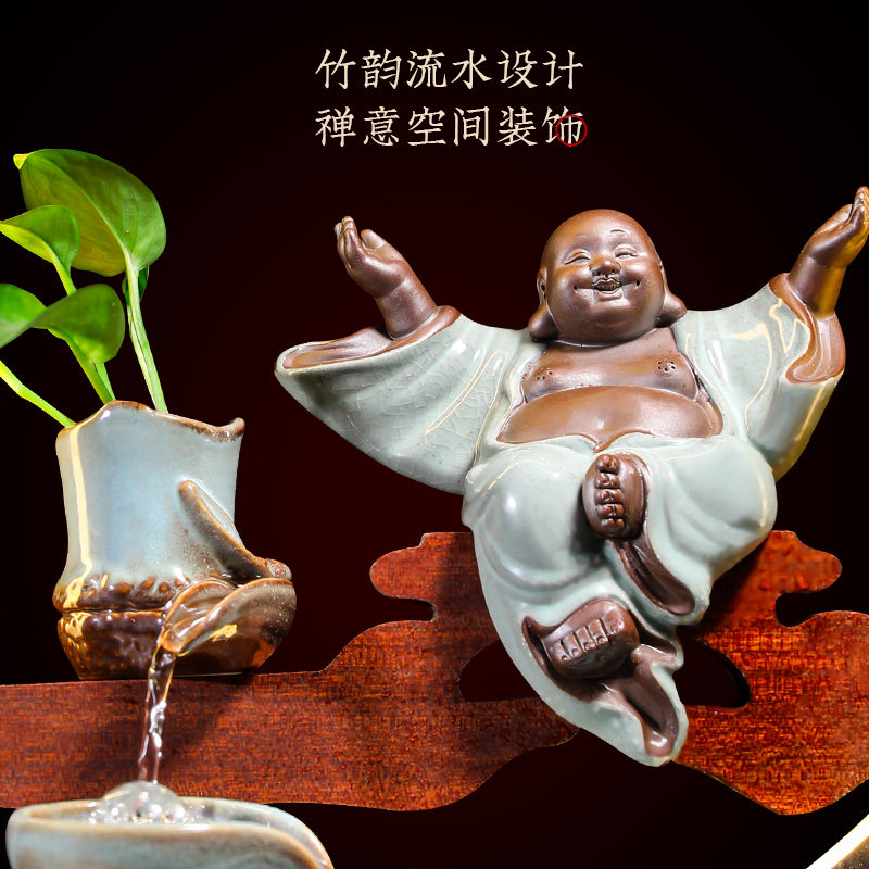 招财流水摆件客厅新中式禅意笑佛办公室创意生财装饰乔迁开业礼品