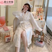 珊瑚绒睡衣女春秋冬季 加厚睡袍保暖可爱长款 浴袍法兰绒家居服白色