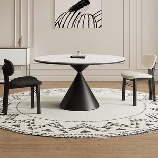 德利丰纯白岩板餐桌圆形家用法式中古奶油风高端全托小户型圆桌子