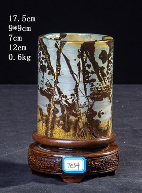 内有多款草花石国画石奇石工艺品黑檀木旋转底座矮圆柱笔筒圆珠笔