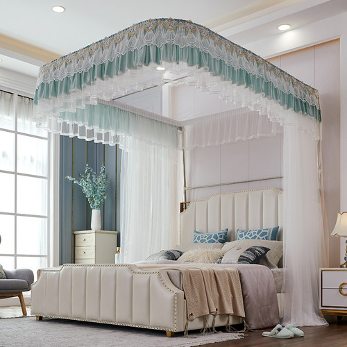 新款双道轨蚊帐u型轨道支架公主风加密加厚1.5米床1.8m家用纹账