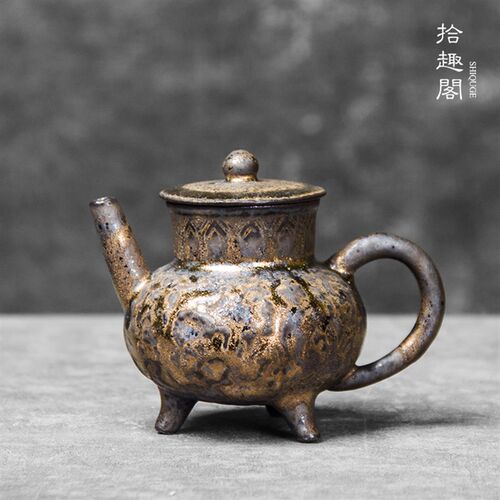 手工柴烧壶三足复古泡茶壶粗陶落灰陶瓷功夫茶具鎏金中式小壶普洱